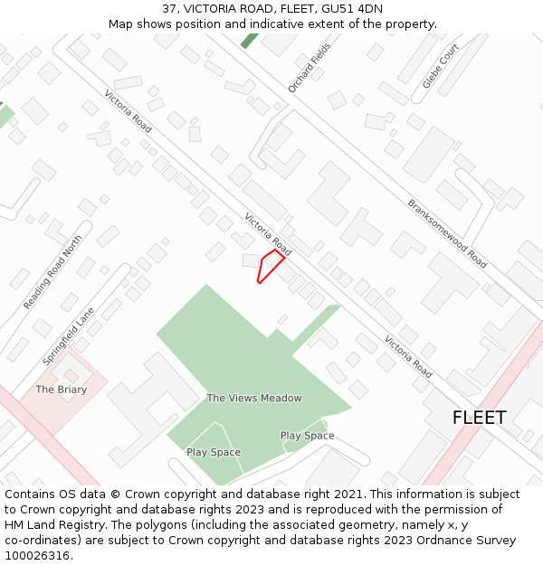 37, VICTORIA ROAD, FLEET, GU51 4DN: Location map and indicative extent of plot