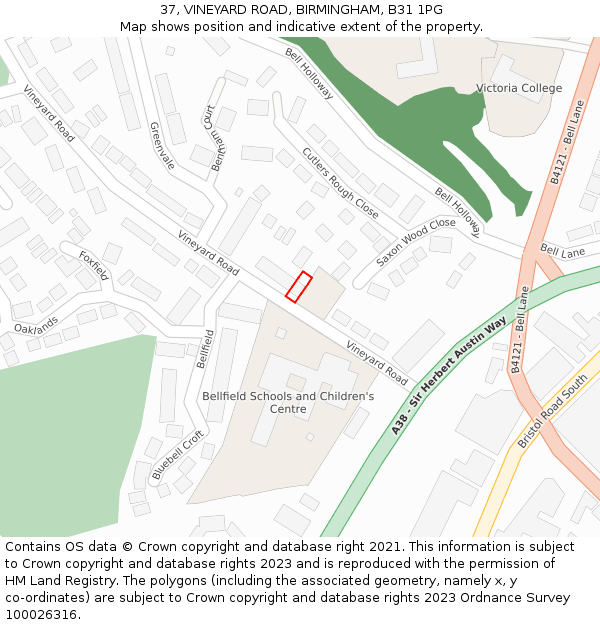 37, VINEYARD ROAD, BIRMINGHAM, B31 1PG: Location map and indicative extent of plot