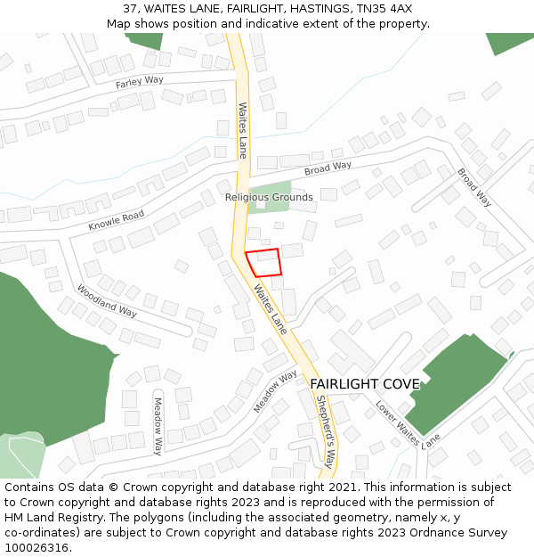 37, WAITES LANE, FAIRLIGHT, HASTINGS, TN35 4AX: Location map and indicative extent of plot