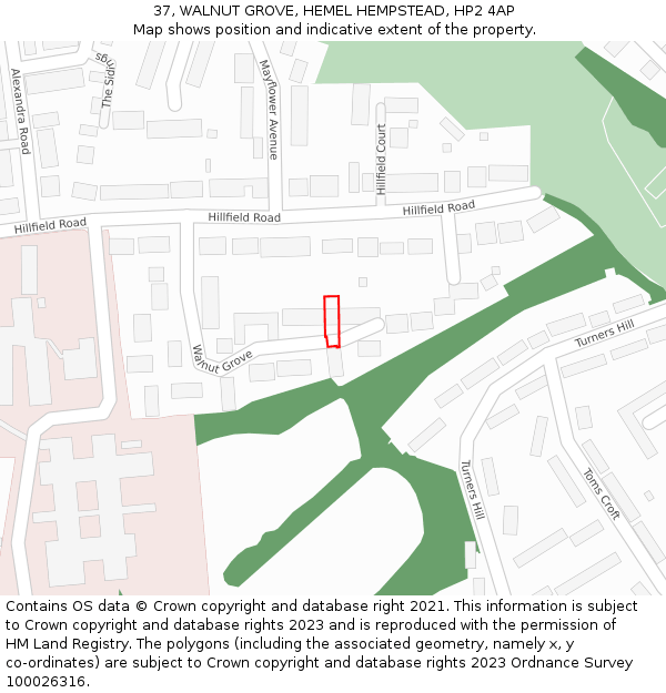 37, WALNUT GROVE, HEMEL HEMPSTEAD, HP2 4AP: Location map and indicative extent of plot