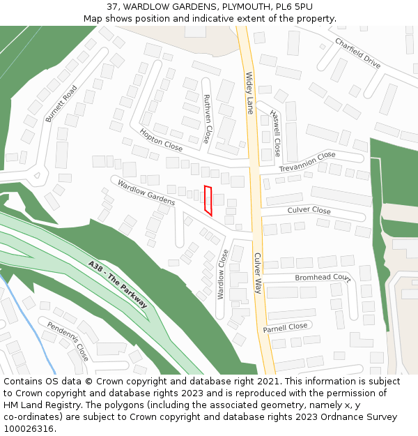 37, WARDLOW GARDENS, PLYMOUTH, PL6 5PU: Location map and indicative extent of plot