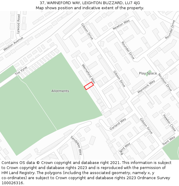 37, WARNEFORD WAY, LEIGHTON BUZZARD, LU7 4JG: Location map and indicative extent of plot