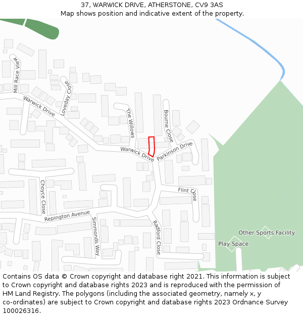 37, WARWICK DRIVE, ATHERSTONE, CV9 3AS: Location map and indicative extent of plot