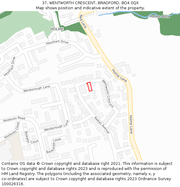 37, WENTWORTH CRESCENT, BRADFORD, BD4 0QX: Location map and indicative extent of plot