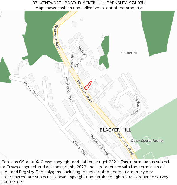 37, WENTWORTH ROAD, BLACKER HILL, BARNSLEY, S74 0RU: Location map and indicative extent of plot