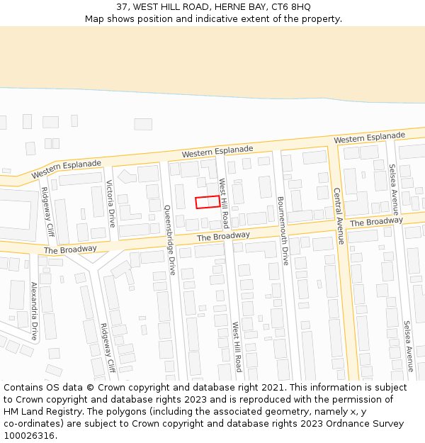 37, WEST HILL ROAD, HERNE BAY, CT6 8HQ: Location map and indicative extent of plot