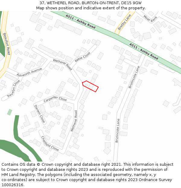 37, WETHEREL ROAD, BURTON-ON-TRENT, DE15 9GW: Location map and indicative extent of plot