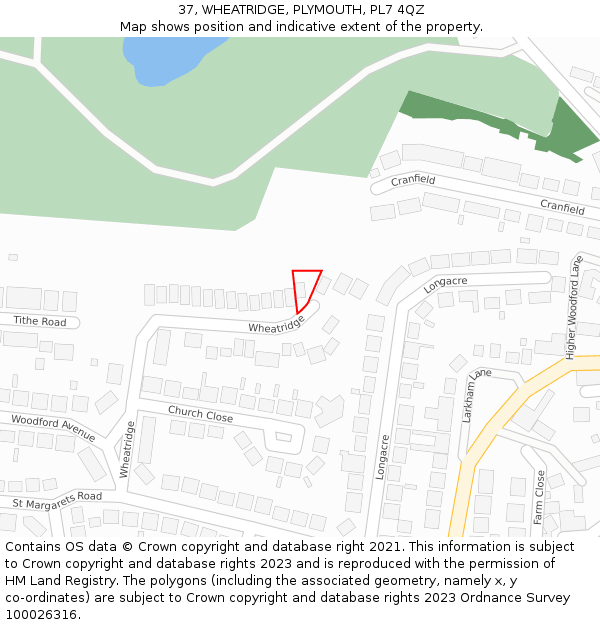 37, WHEATRIDGE, PLYMOUTH, PL7 4QZ: Location map and indicative extent of plot