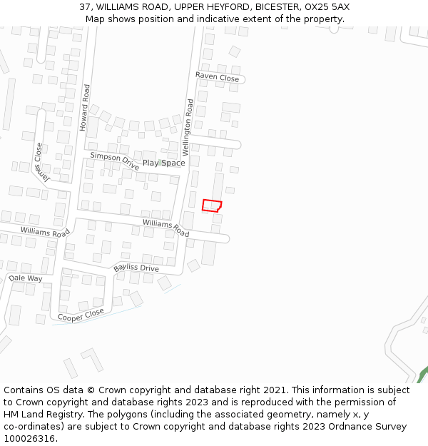 37, WILLIAMS ROAD, UPPER HEYFORD, BICESTER, OX25 5AX: Location map and indicative extent of plot