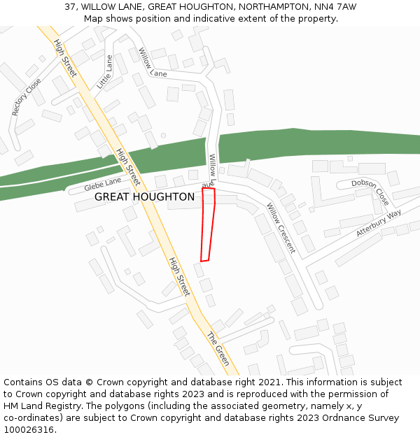 37, WILLOW LANE, GREAT HOUGHTON, NORTHAMPTON, NN4 7AW: Location map and indicative extent of plot