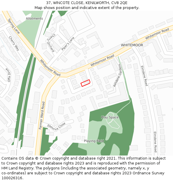 37, WINCOTE CLOSE, KENILWORTH, CV8 2QE: Location map and indicative extent of plot