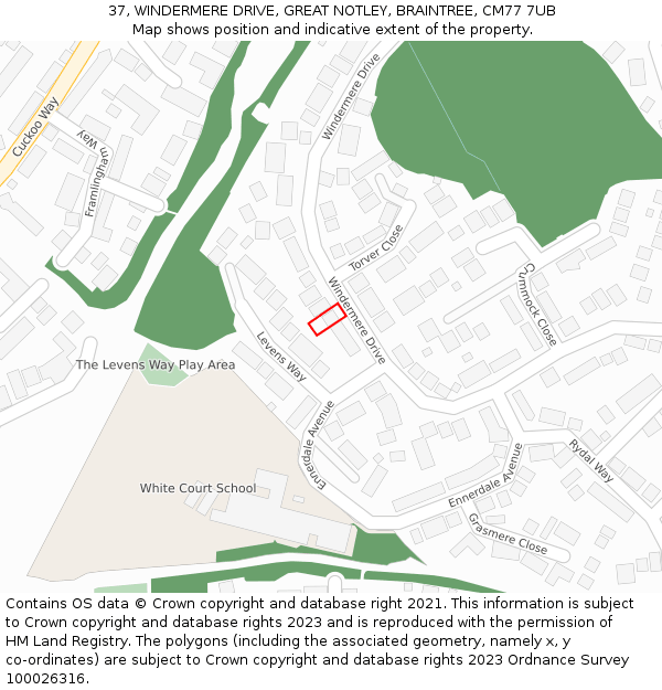 37, WINDERMERE DRIVE, GREAT NOTLEY, BRAINTREE, CM77 7UB: Location map and indicative extent of plot