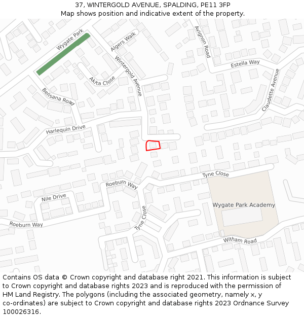 37, WINTERGOLD AVENUE, SPALDING, PE11 3FP: Location map and indicative extent of plot