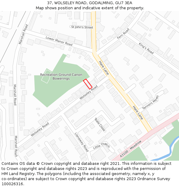 37, WOLSELEY ROAD, GODALMING, GU7 3EA: Location map and indicative extent of plot