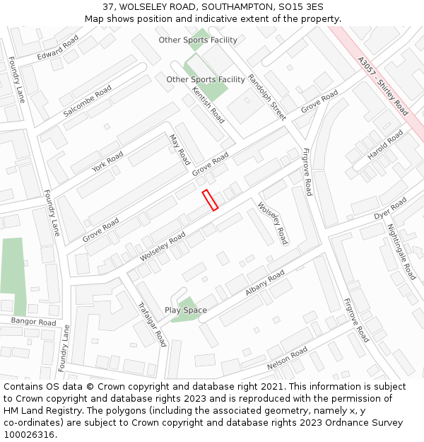 37, WOLSELEY ROAD, SOUTHAMPTON, SO15 3ES: Location map and indicative extent of plot