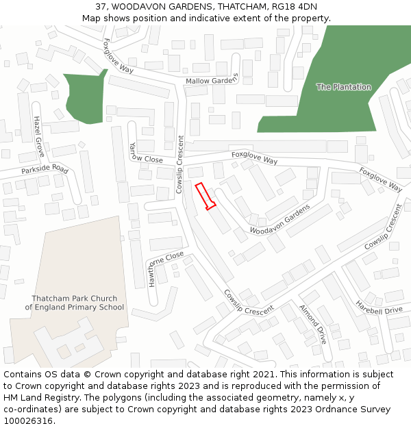 37, WOODAVON GARDENS, THATCHAM, RG18 4DN: Location map and indicative extent of plot