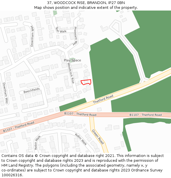 37, WOODCOCK RISE, BRANDON, IP27 0BN: Location map and indicative extent of plot