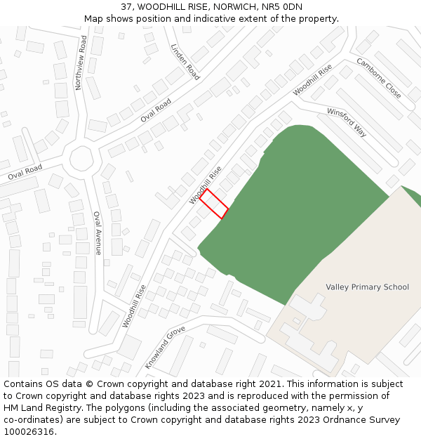 37, WOODHILL RISE, NORWICH, NR5 0DN: Location map and indicative extent of plot