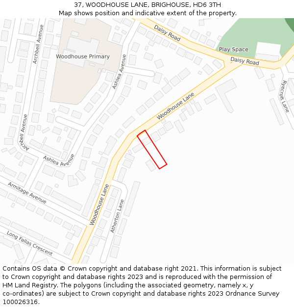 37, WOODHOUSE LANE, BRIGHOUSE, HD6 3TH: Location map and indicative extent of plot