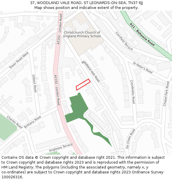 37, WOODLAND VALE ROAD, ST LEONARDS-ON-SEA, TN37 6JJ: Location map and indicative extent of plot