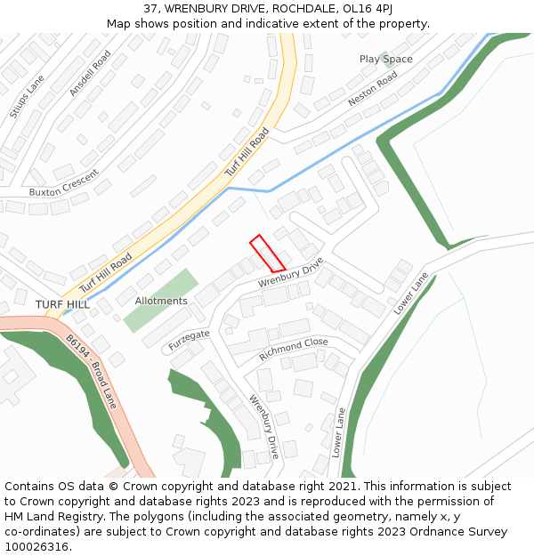 37, WRENBURY DRIVE, ROCHDALE, OL16 4PJ: Location map and indicative extent of plot