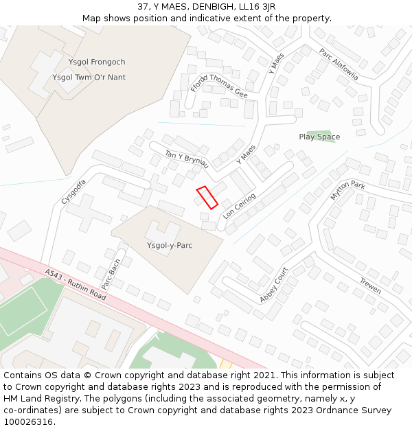 37, Y MAES, DENBIGH, LL16 3JR: Location map and indicative extent of plot