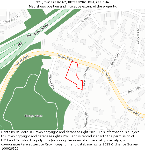 371, THORPE ROAD, PETERBOROUGH, PE3 6NA: Location map and indicative extent of plot