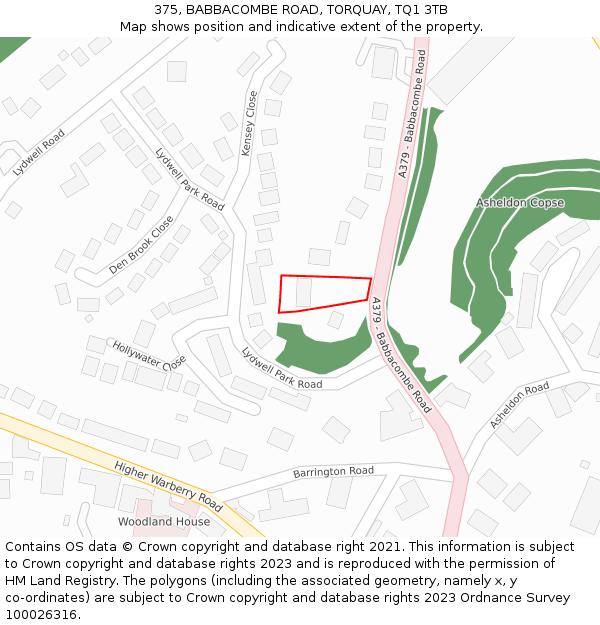 375, BABBACOMBE ROAD, TORQUAY, TQ1 3TB: Location map and indicative extent of plot