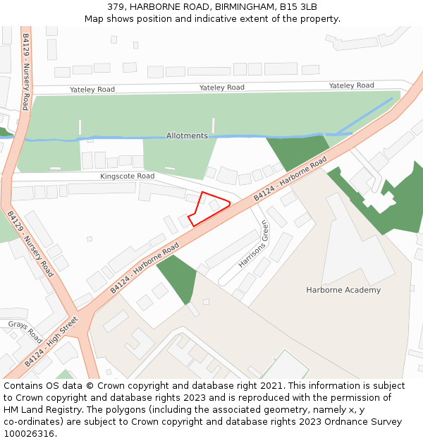 379, HARBORNE ROAD, BIRMINGHAM, B15 3LB: Location map and indicative extent of plot