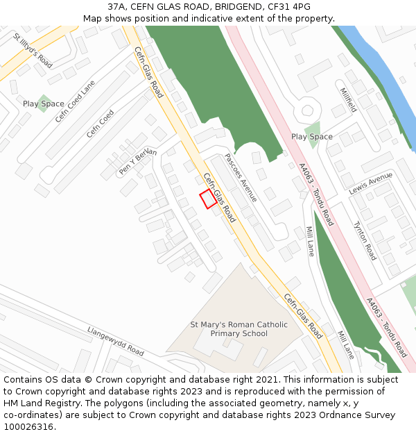 37A, CEFN GLAS ROAD, BRIDGEND, CF31 4PG: Location map and indicative extent of plot