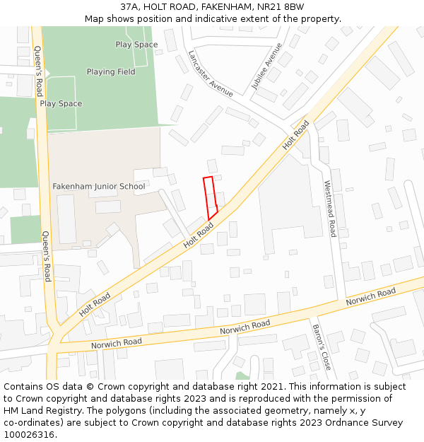 37A, HOLT ROAD, FAKENHAM, NR21 8BW: Location map and indicative extent of plot