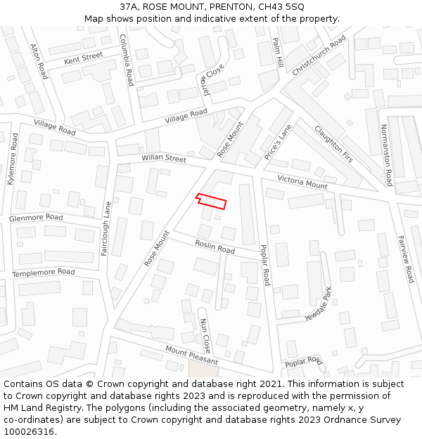 37A, ROSE MOUNT, PRENTON, CH43 5SQ: Location map and indicative extent of plot