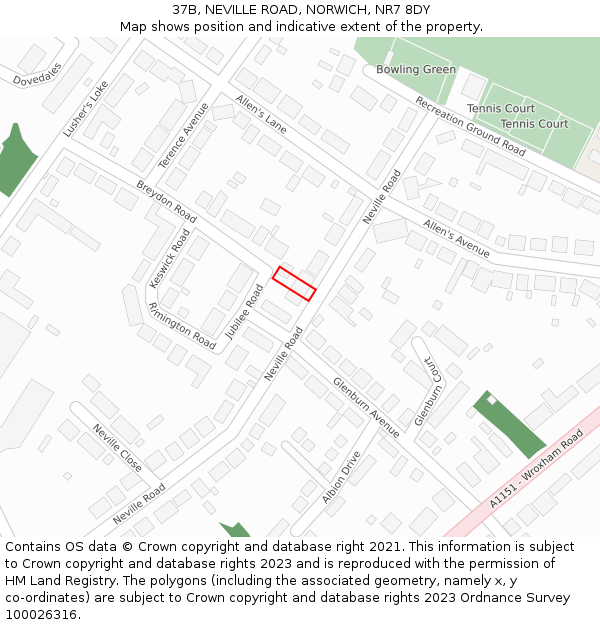 37B, NEVILLE ROAD, NORWICH, NR7 8DY: Location map and indicative extent of plot