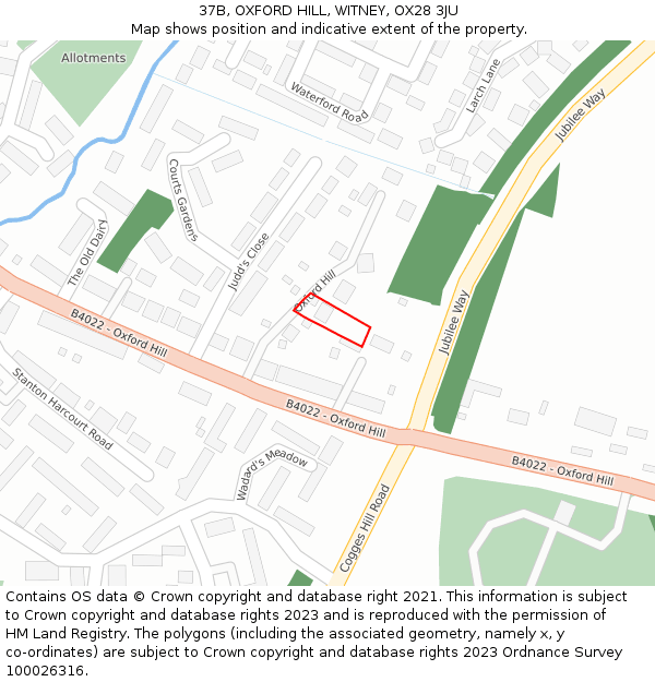 37B, OXFORD HILL, WITNEY, OX28 3JU: Location map and indicative extent of plot