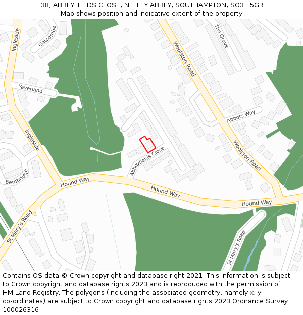 38, ABBEYFIELDS CLOSE, NETLEY ABBEY, SOUTHAMPTON, SO31 5GR: Location map and indicative extent of plot