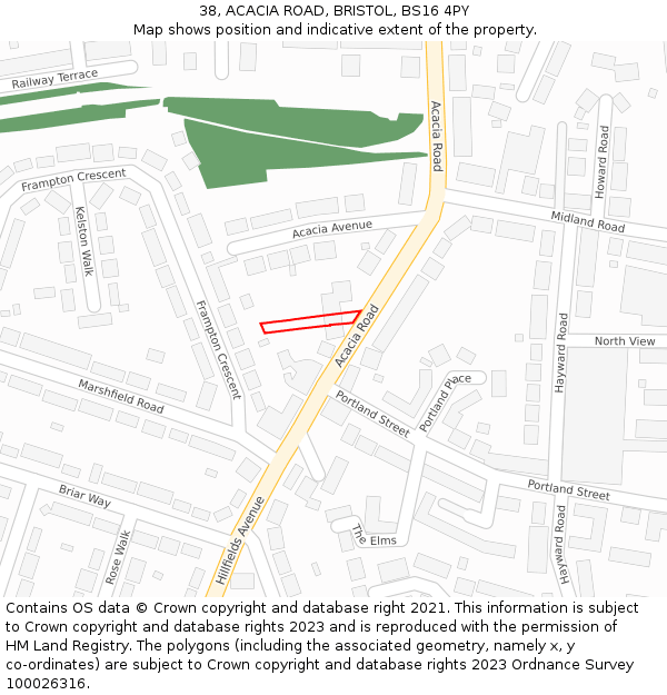 38, ACACIA ROAD, BRISTOL, BS16 4PY: Location map and indicative extent of plot