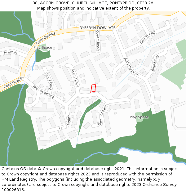 38, ACORN GROVE, CHURCH VILLAGE, PONTYPRIDD, CF38 2AJ: Location map and indicative extent of plot