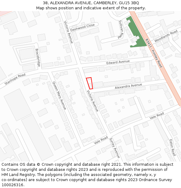 38, ALEXANDRA AVENUE, CAMBERLEY, GU15 3BQ: Location map and indicative extent of plot