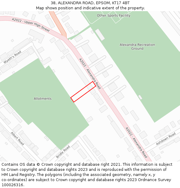 38, ALEXANDRA ROAD, EPSOM, KT17 4BT: Location map and indicative extent of plot