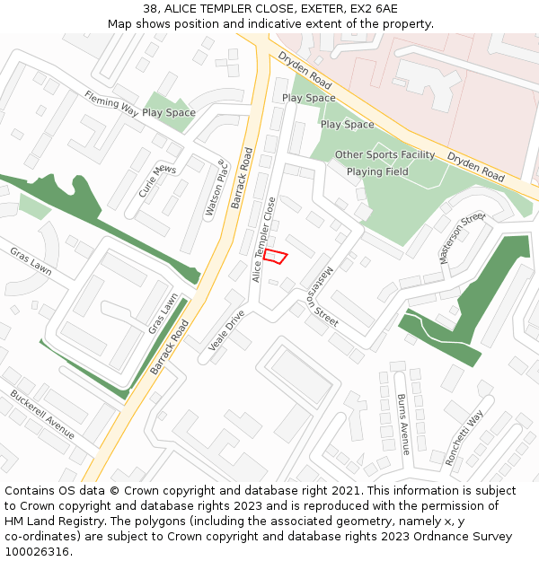 38, ALICE TEMPLER CLOSE, EXETER, EX2 6AE: Location map and indicative extent of plot