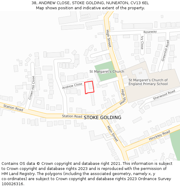 38, ANDREW CLOSE, STOKE GOLDING, NUNEATON, CV13 6EL: Location map and indicative extent of plot