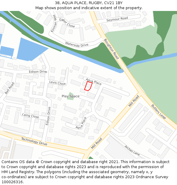 38, AQUA PLACE, RUGBY, CV21 1BY: Location map and indicative extent of plot