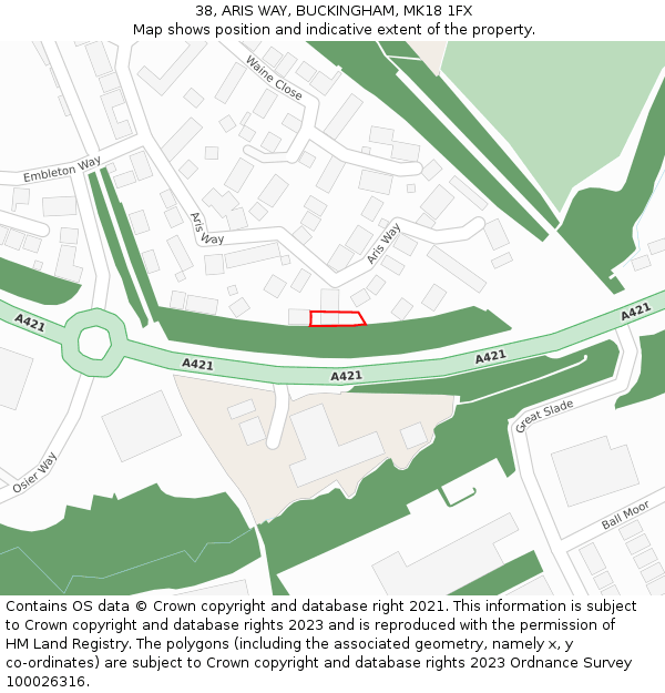 38, ARIS WAY, BUCKINGHAM, MK18 1FX: Location map and indicative extent of plot