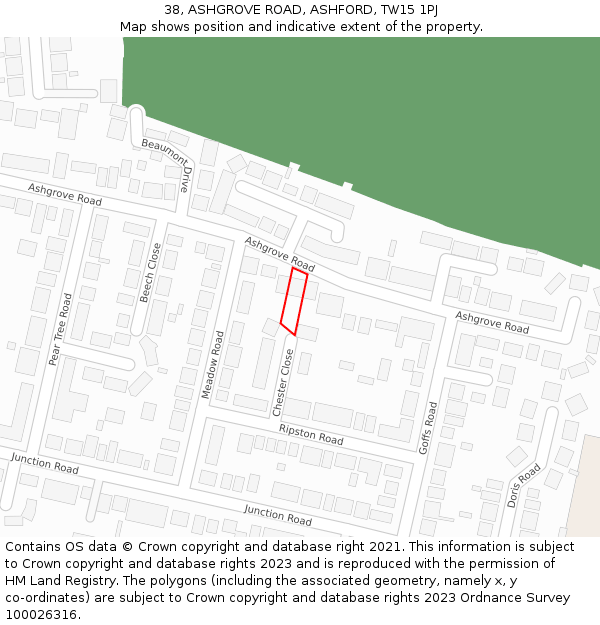 38, ASHGROVE ROAD, ASHFORD, TW15 1PJ: Location map and indicative extent of plot