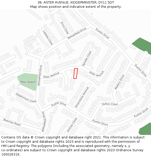38, ASTER AVENUE, KIDDERMINSTER, DY11 5DT: Location map and indicative extent of plot