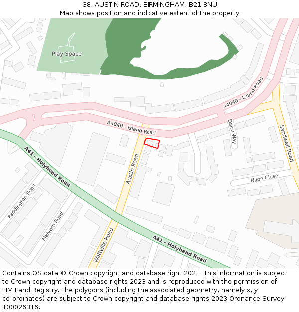 38, AUSTIN ROAD, BIRMINGHAM, B21 8NU: Location map and indicative extent of plot