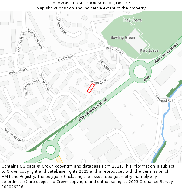 38, AVON CLOSE, BROMSGROVE, B60 3PE: Location map and indicative extent of plot