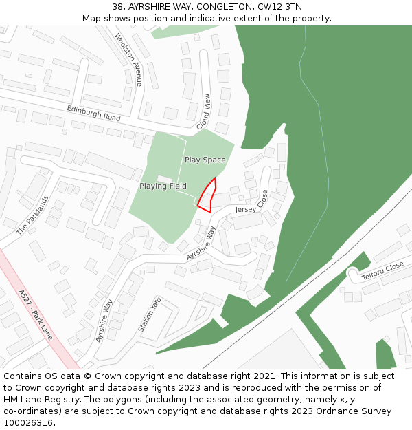 38, AYRSHIRE WAY, CONGLETON, CW12 3TN: Location map and indicative extent of plot