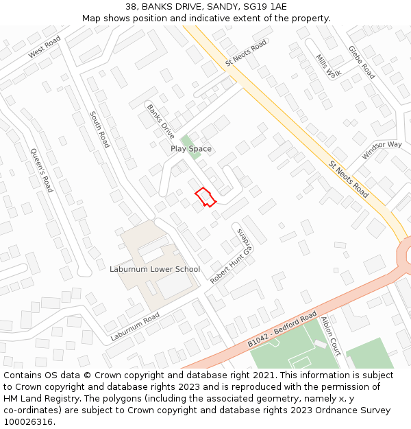 38, BANKS DRIVE, SANDY, SG19 1AE: Location map and indicative extent of plot