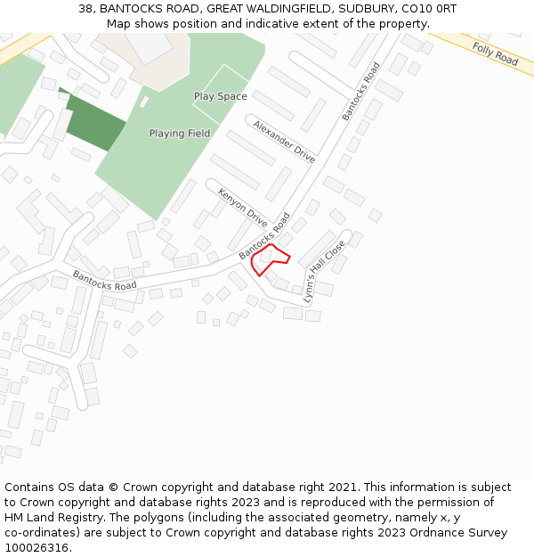 38, BANTOCKS ROAD, GREAT WALDINGFIELD, SUDBURY, CO10 0RT: Location map and indicative extent of plot